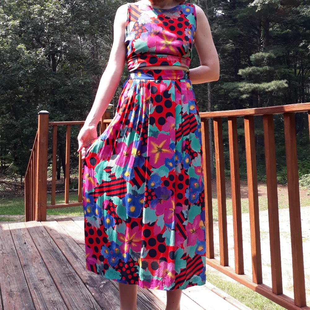 80s Jacqueline Ferrar Colorful Polka Dot Floral Printed 3 Piece Skirt Set